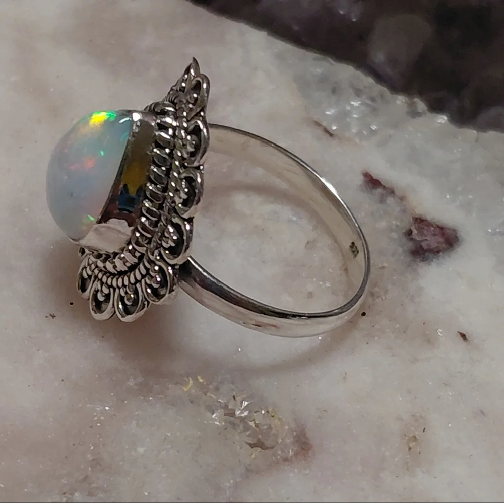Vintage Style Ethiopian Opal Silver Ring Size 8.25